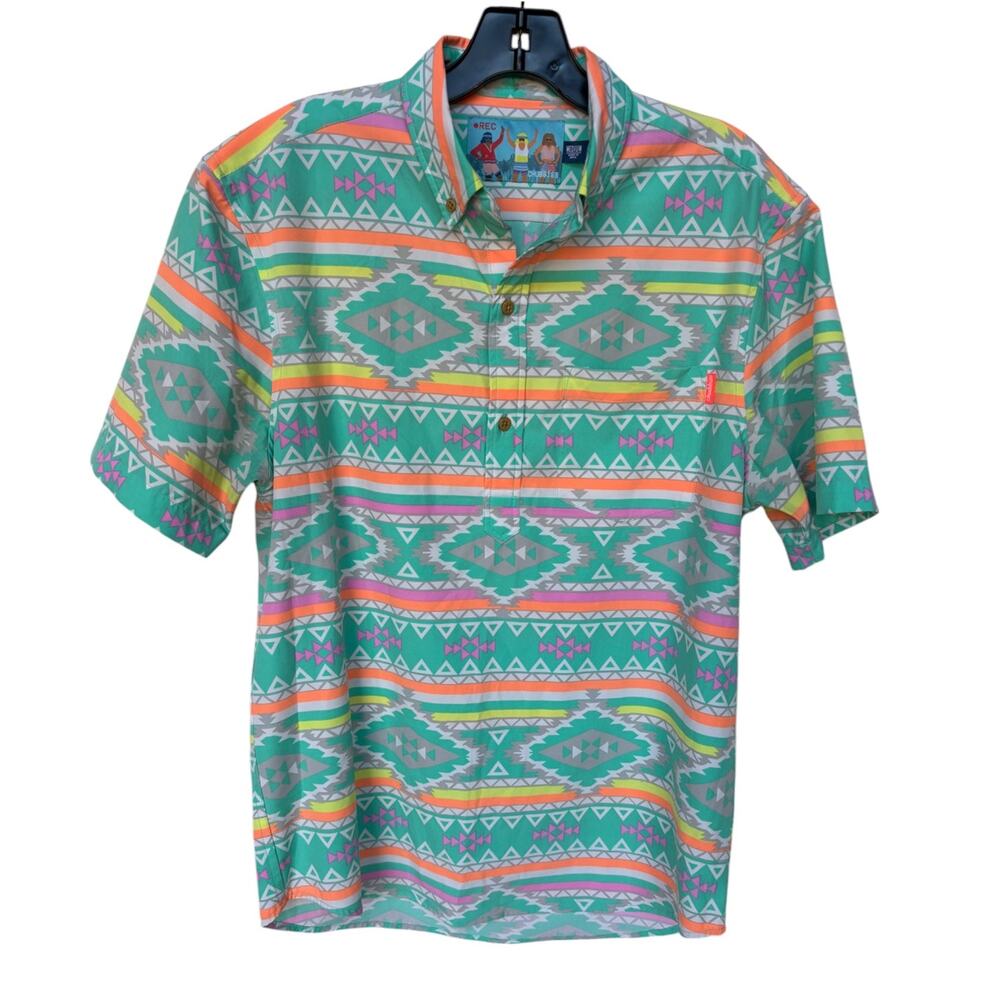 Chubbies Mens Neon and Pastel Aztec Print Short Sleeve Collared Shirt size M